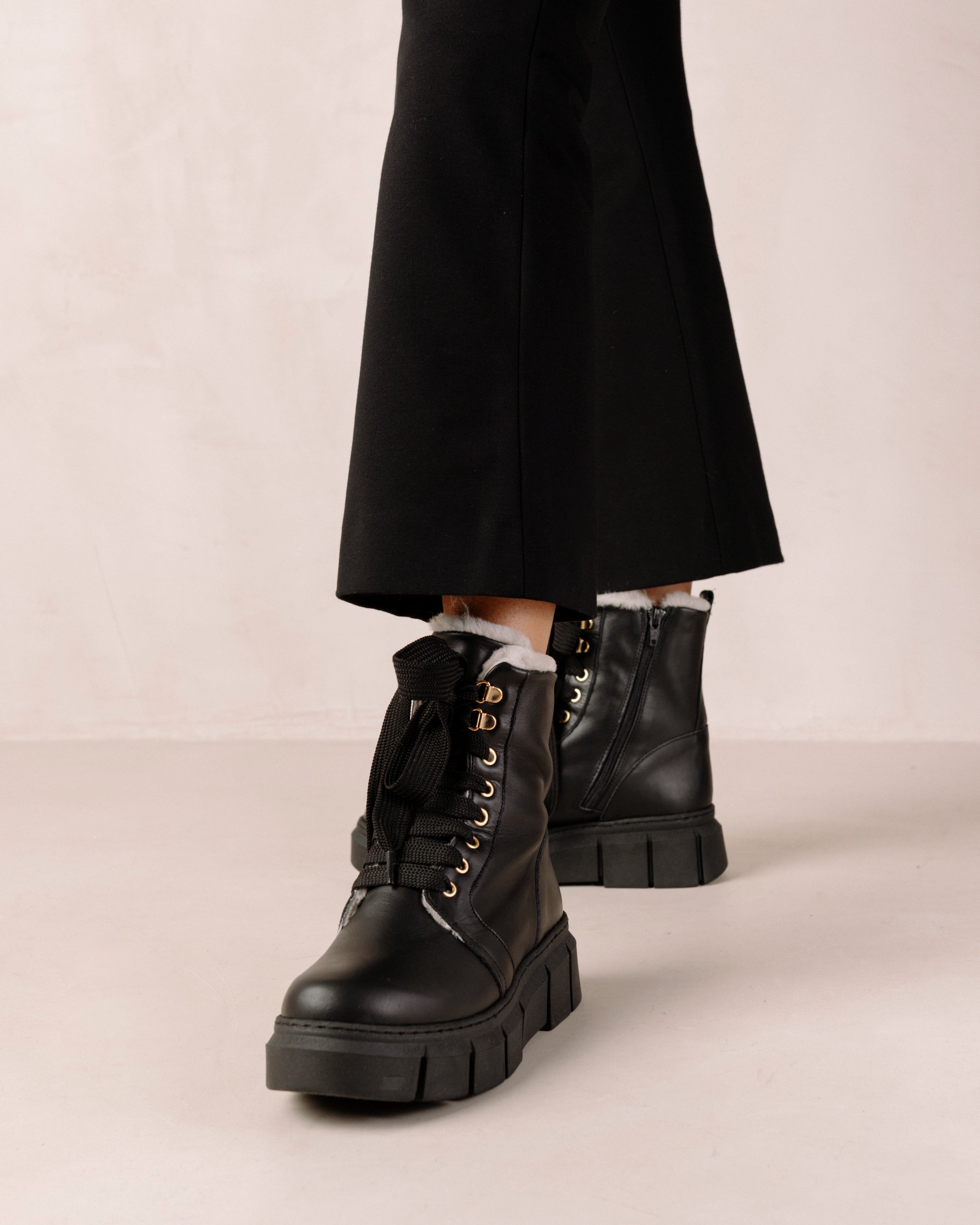 Can Can Black Leather Shearling Boots ALOHAS