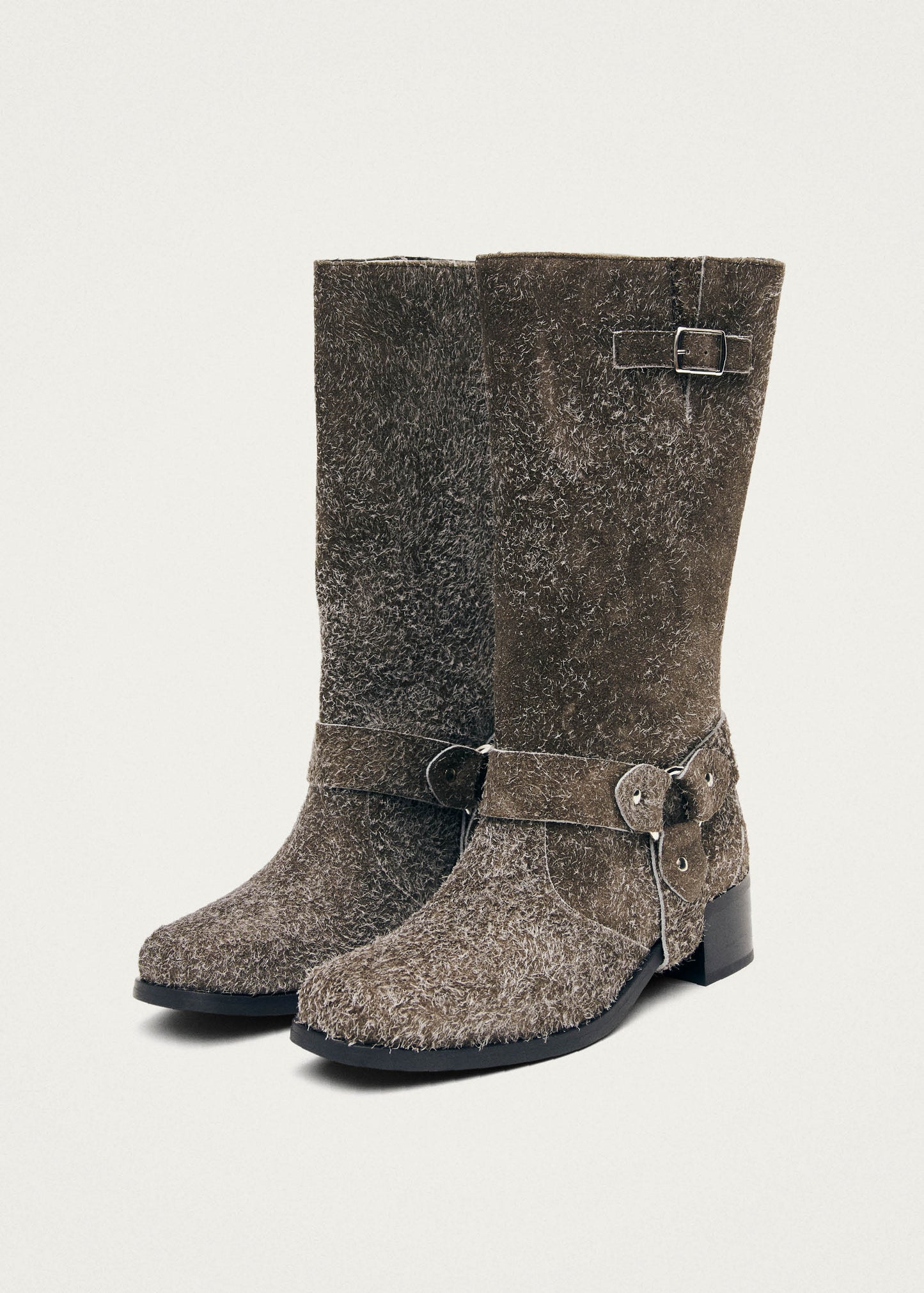 Rocky Suede Fuzzy Khaki Leather Boots