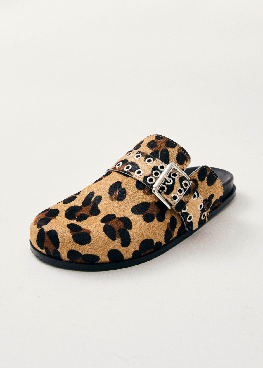 Alohas leopard print slide on leather Halia Mules.