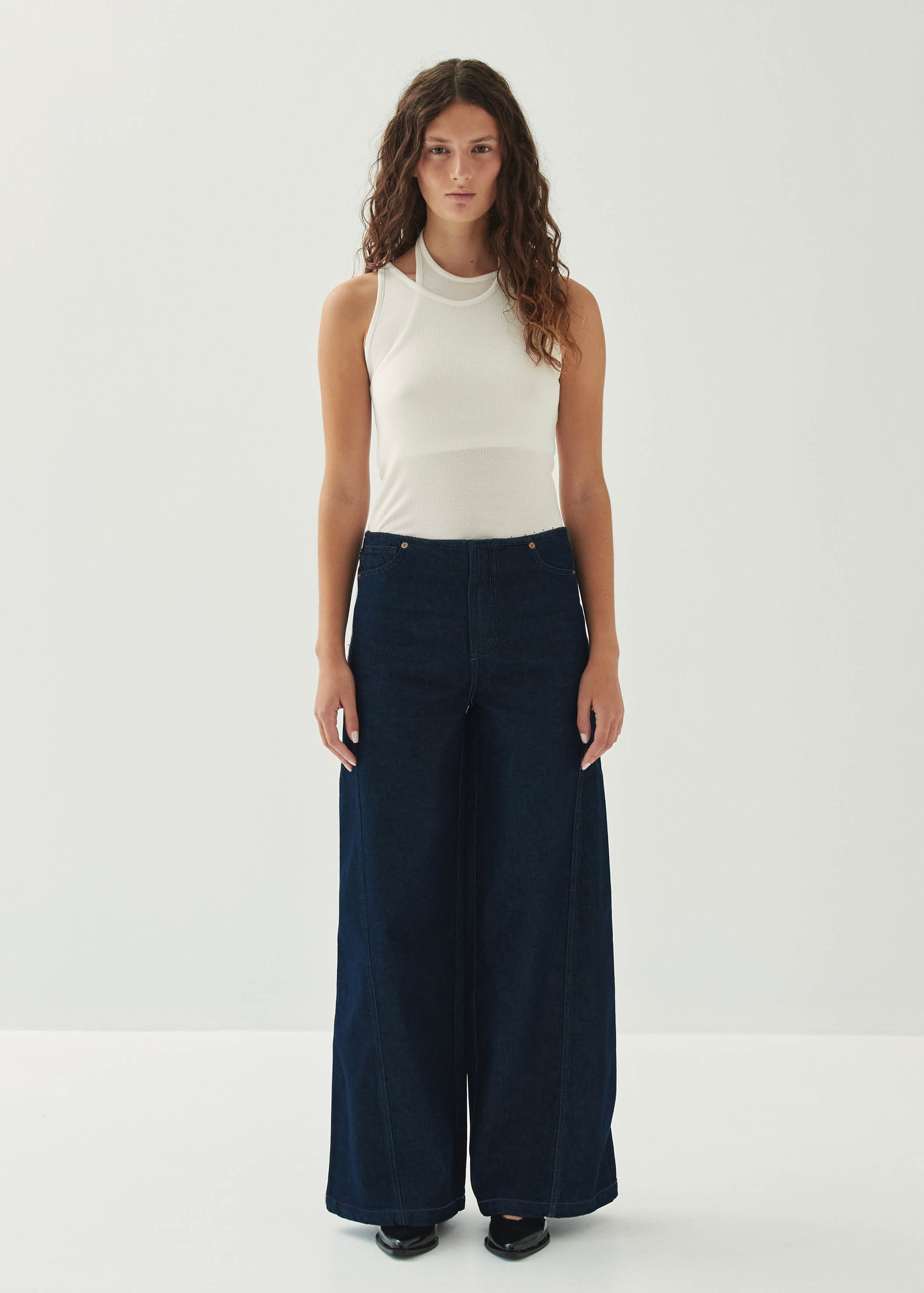 denim dress slacks VERONICA STRETCH DENIM TROUSER: DARK WASH