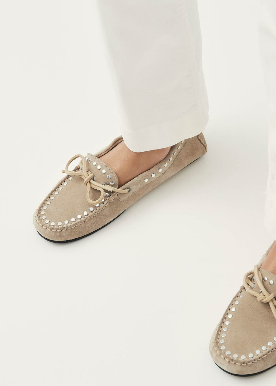 Calla Suede Studs Beige Leather Loafers