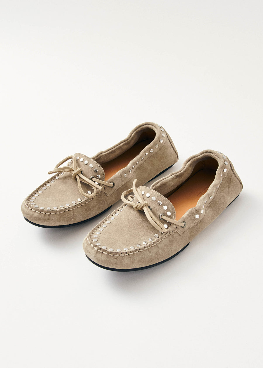 Calla Suede Studs Beige Leather Loafers