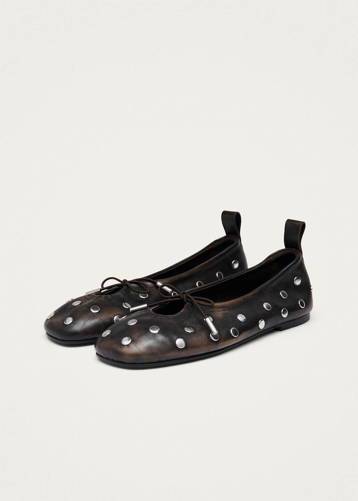 Rosalind All Studs Vintage Effect Brown Leather Ballet Flats | ALOHAS