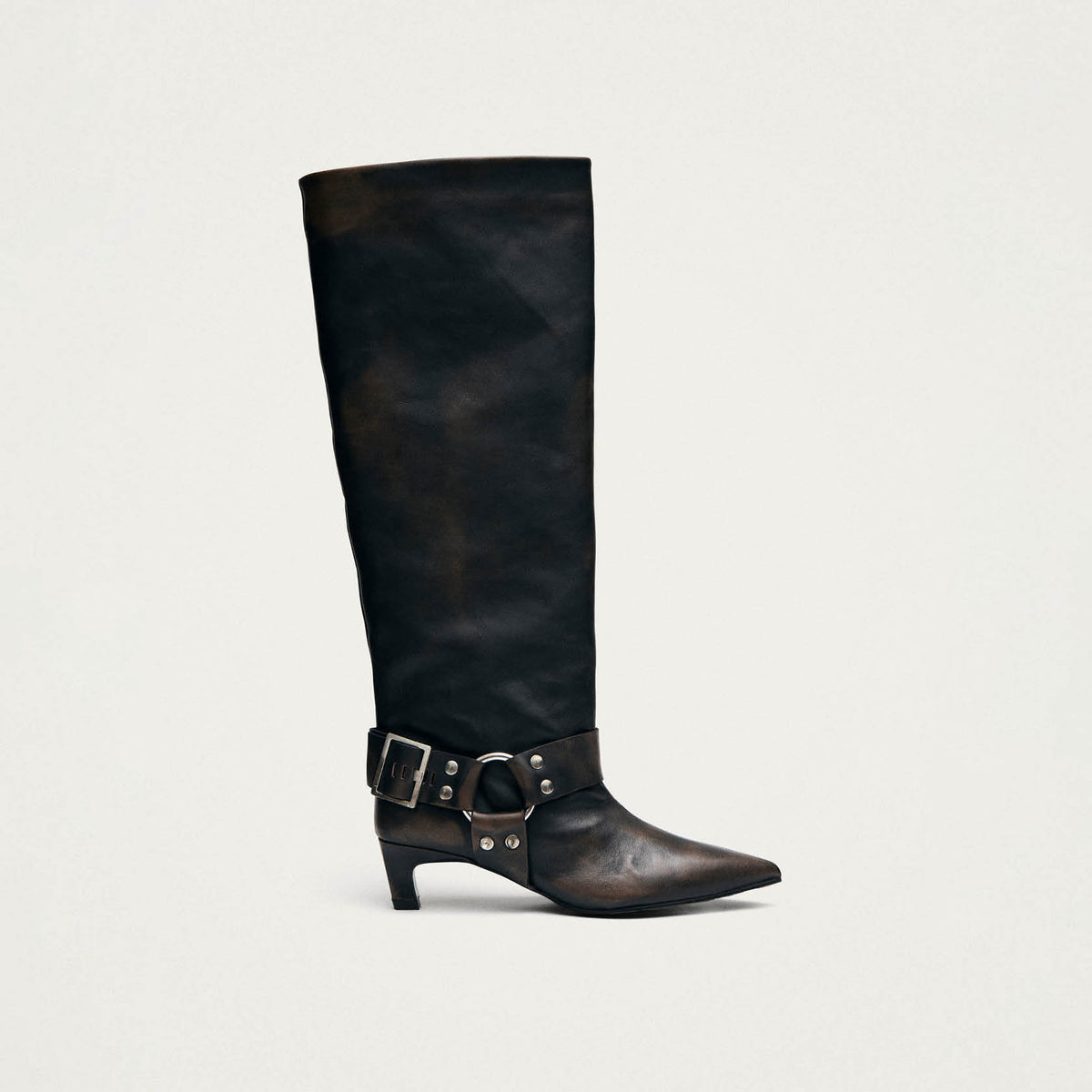 Samia Buckle Vintage Effect Brown Leather Boots