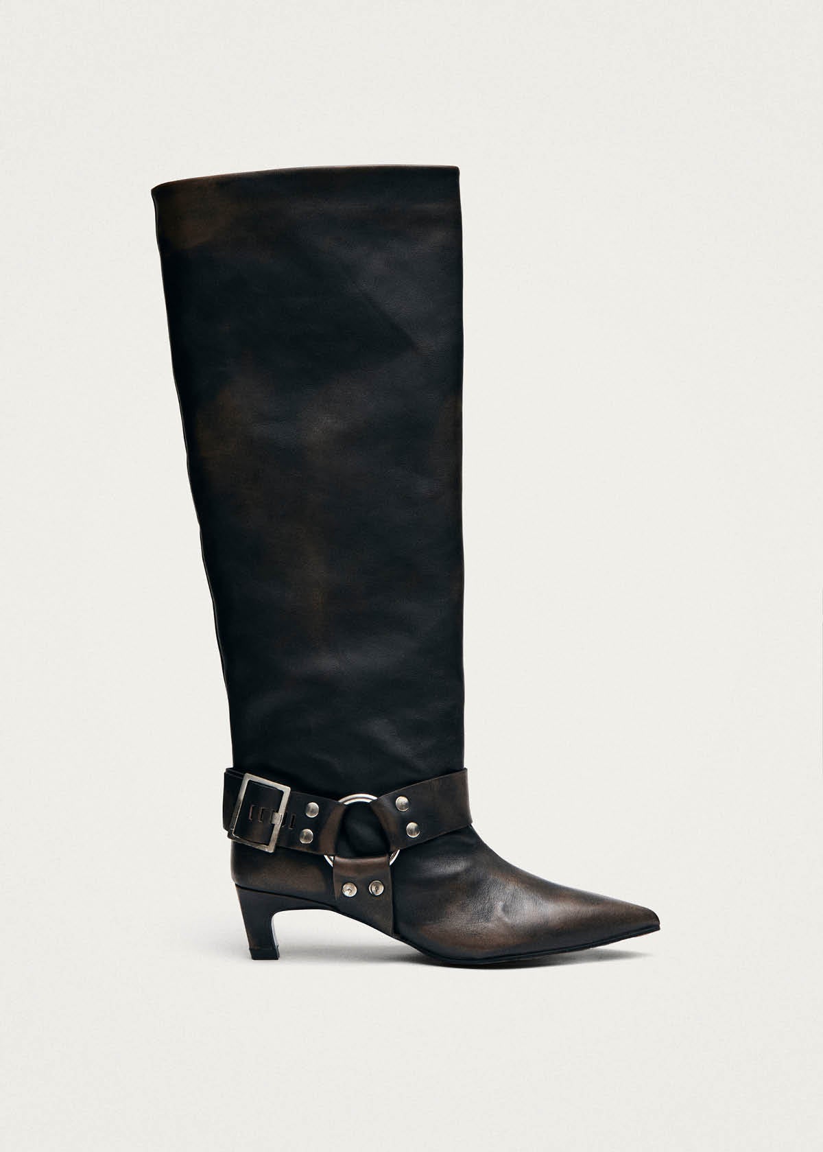 Samia Buckle Vintage Effect Brown Leather Boots | ALOHAS