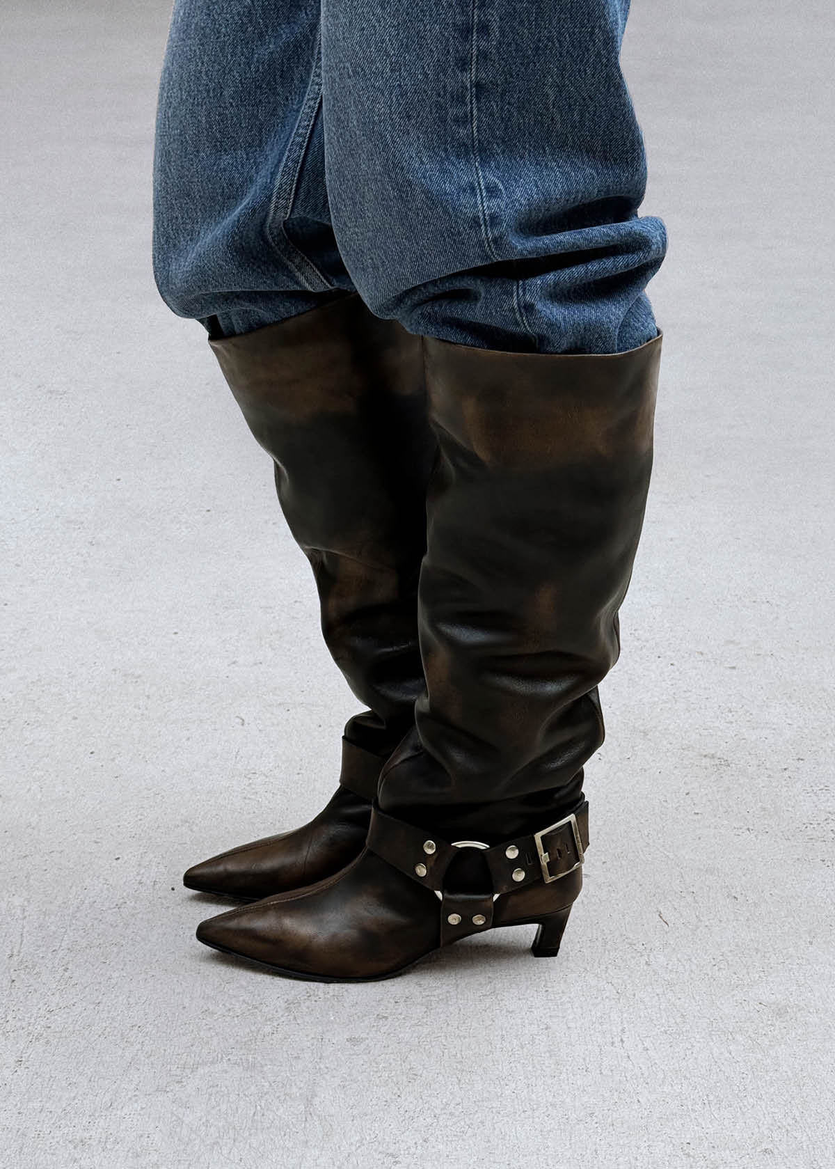 Samia Buckle Vintage Effect Brown Leather Boots | ALOHAS