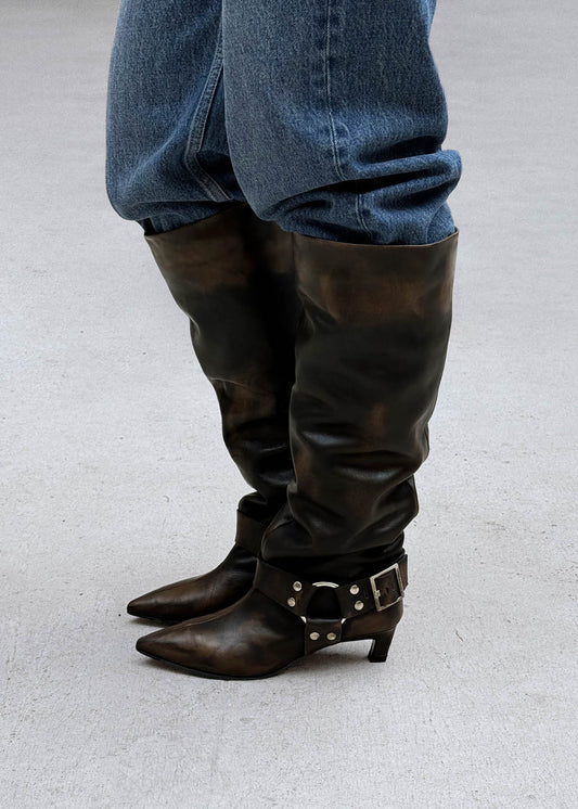 Samia Botas de Cuero Marrón con Hebilla y Efecto Vintage-image