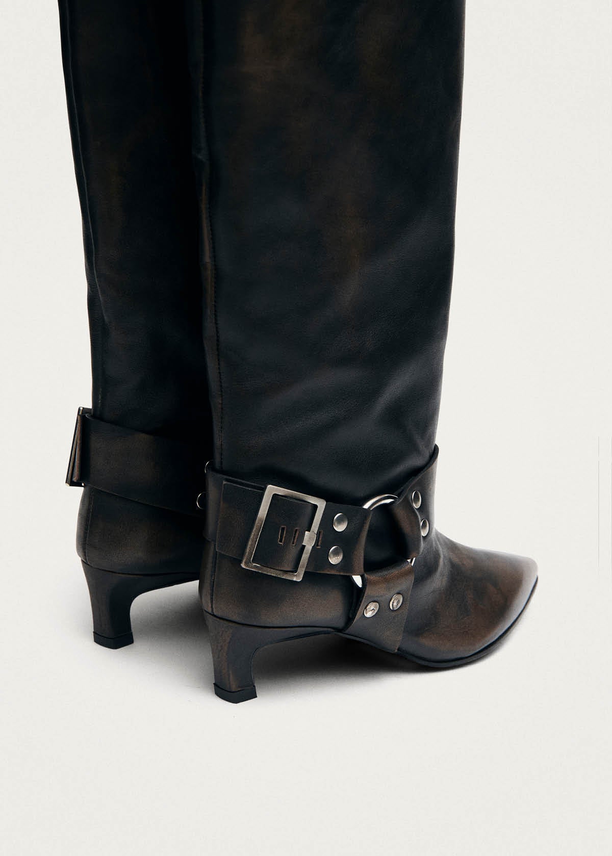 Samia Buckle Vintage Effect Brown Leather Boots | ALOHAS