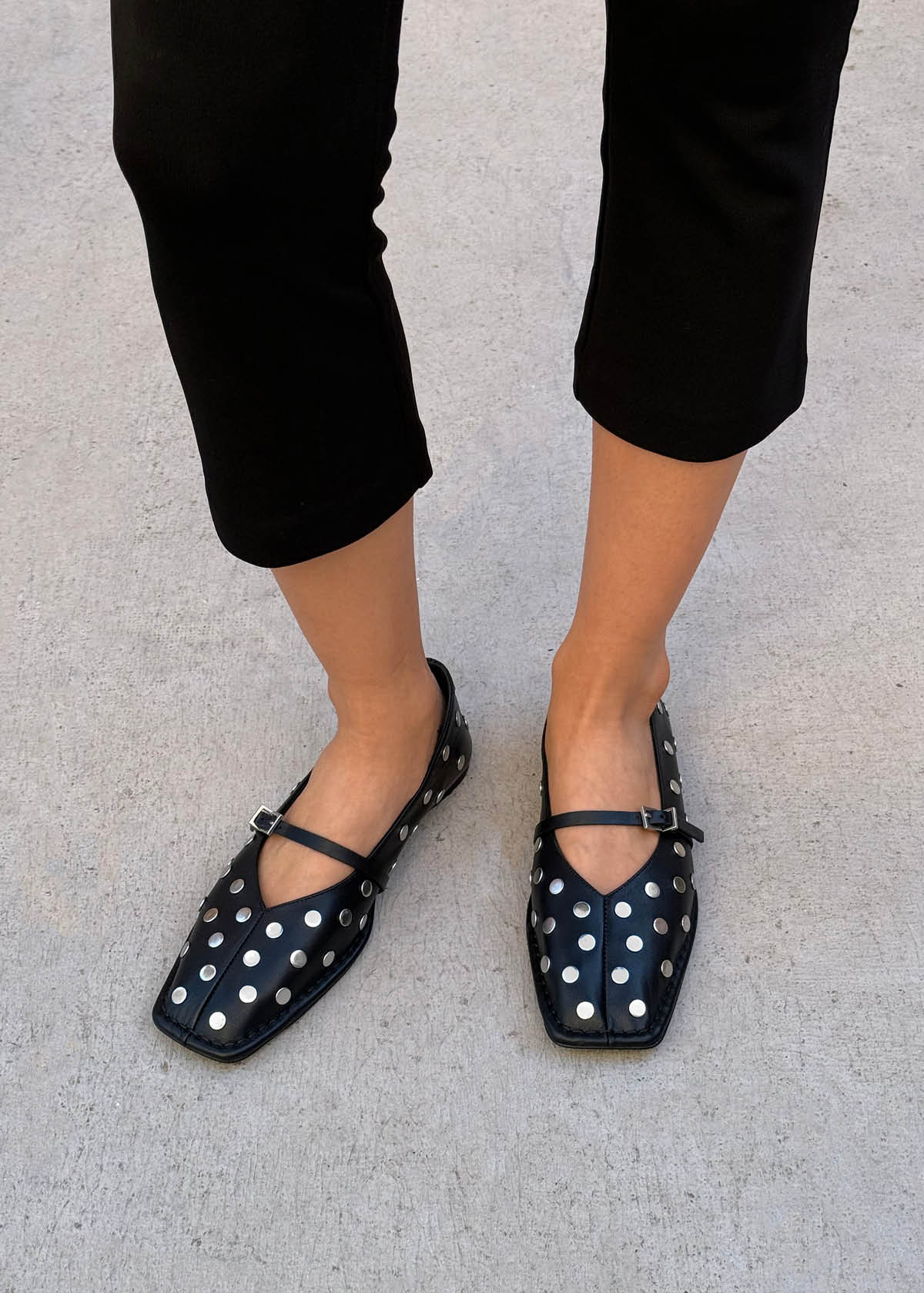 Sway All Studs Black Leather Ballet Flats