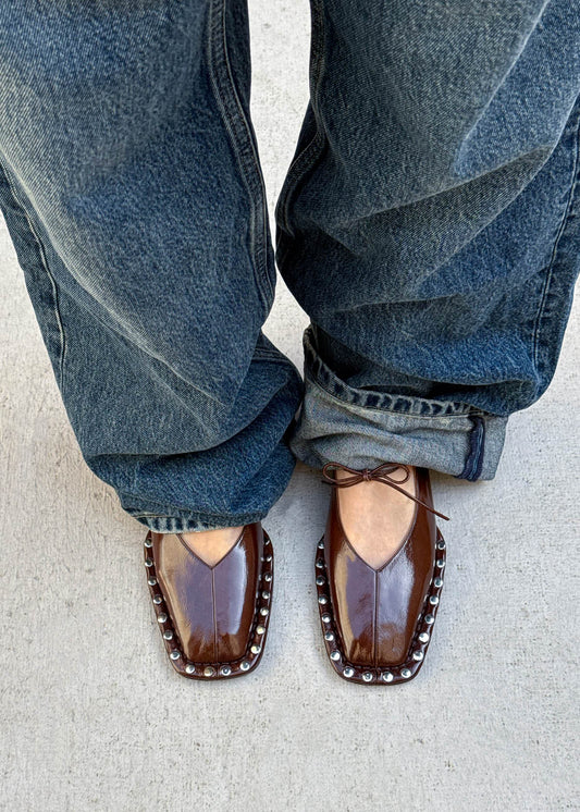 Sway Studs Patent Brown Leather Ballet Flats-image