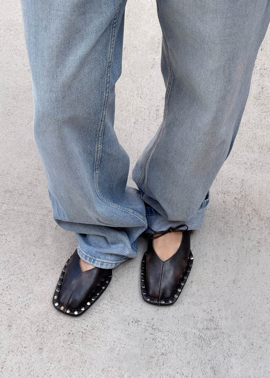 Sway Studs Vintage Effect Brown Leather Ballet Flats-image