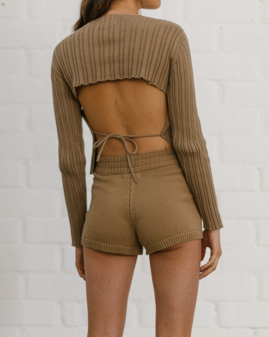 Honest Backless Knit Top Camel Sweaters ALOHAS