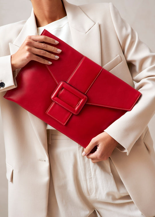 The E Red Leather Clutch